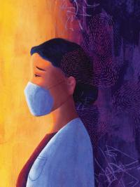 Illustration of a sad healthcare provider wearing a mask.